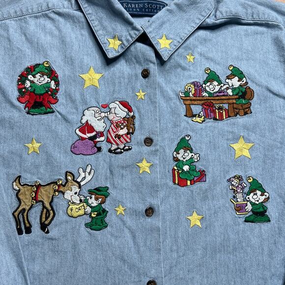 Vintage 90s Karen Scott Santa's Workshop Embroidered Denim Shirt Blue Christmas - Picture 2 of 7